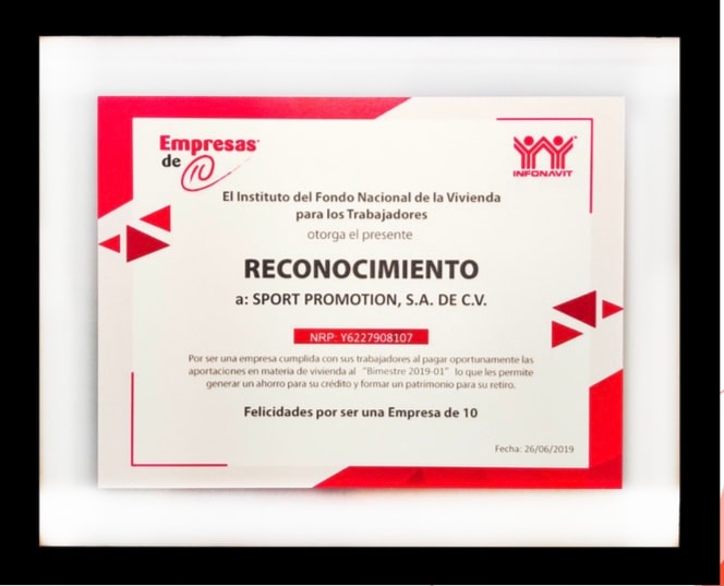 INFONAVIT — Reconocimiento Empresas de 10 a Sport Promotion S.A. de C.V., Junio 2019