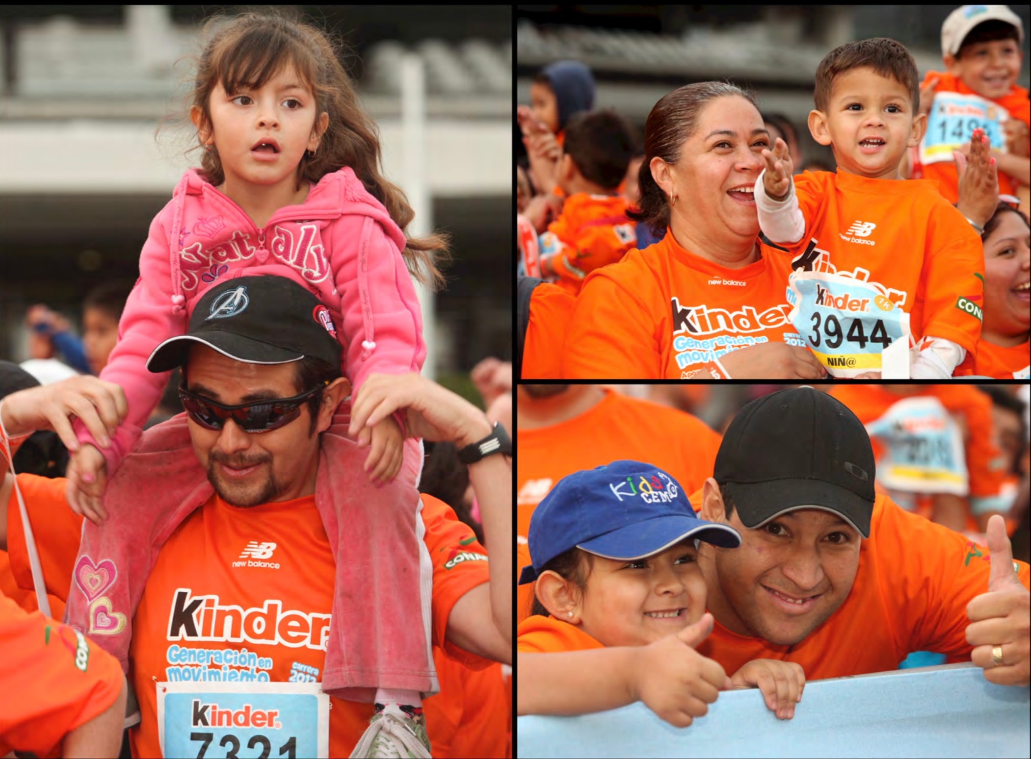 Kinder Run — papá con hija al hombro y familias corriendo