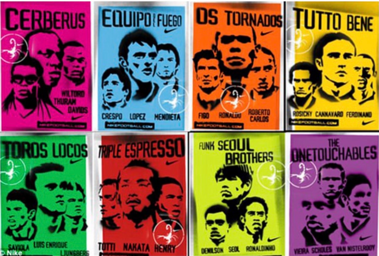 Pósters pop-art Nike Scorpion Knockout 2002 — equipos Cerberus, Equipo de Fuego, Os Tornados, Tutto Bene, Toros Locos, Triple Espresso, Funk Seoul Brothers, The Onetouchables